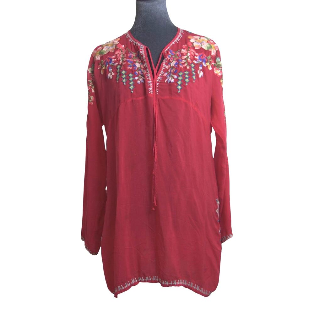 Johnny Was Berry Pink Embroidered Tunic Top Petite Small PS Boho Floral Rayon - Picture 7 of 16